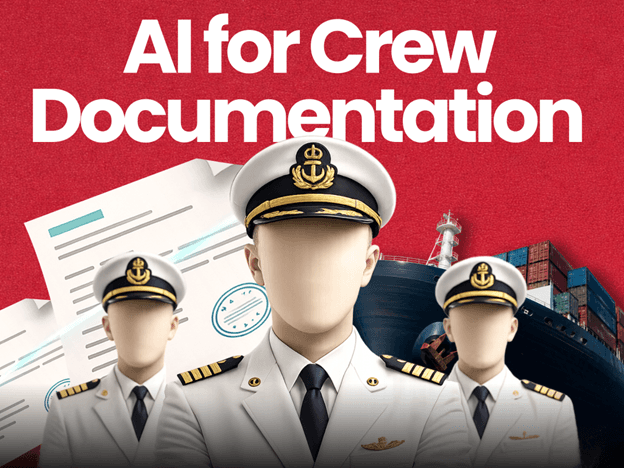 Illustration of maritime AI solutions for chartering and commercial operations, featuring a container ship with icons representing fuel optimization, analytics, vessel tracking, and operational intelligence.
