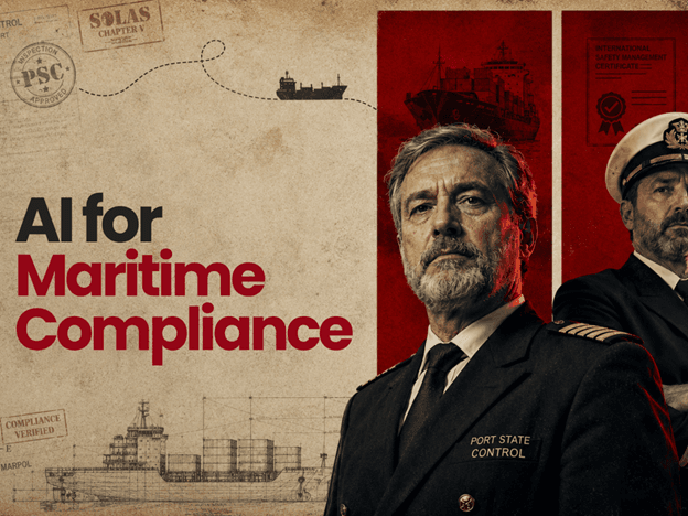 Illustration of maritime AI solutions for chartering and commercial operations, featuring a container ship with icons representing fuel optimization, analytics, vessel tracking, and operational intelligence.