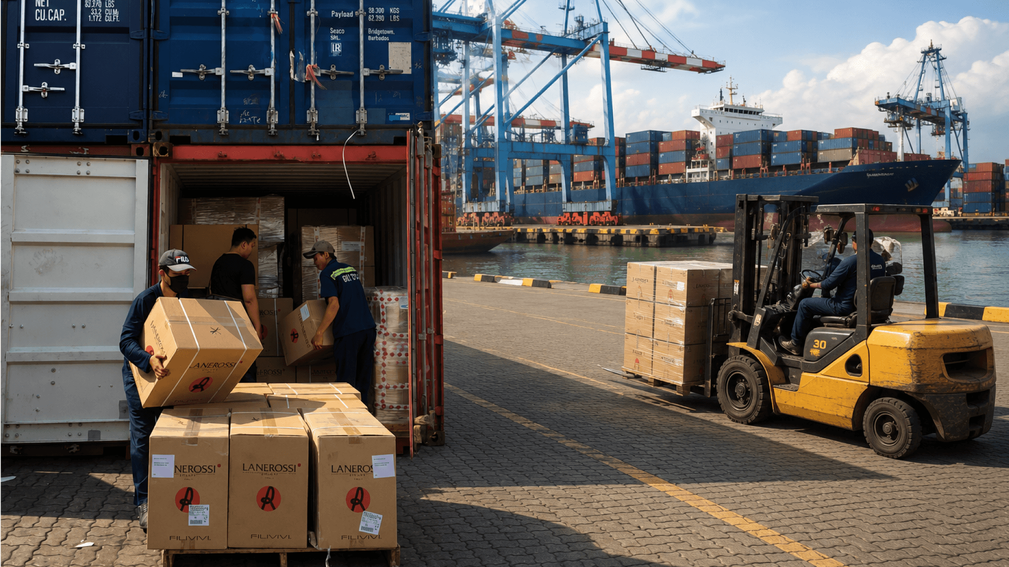 "Port logistics operations with workers loading freight containers and a forklift moving cargo near container ships at an international shipping terminal."