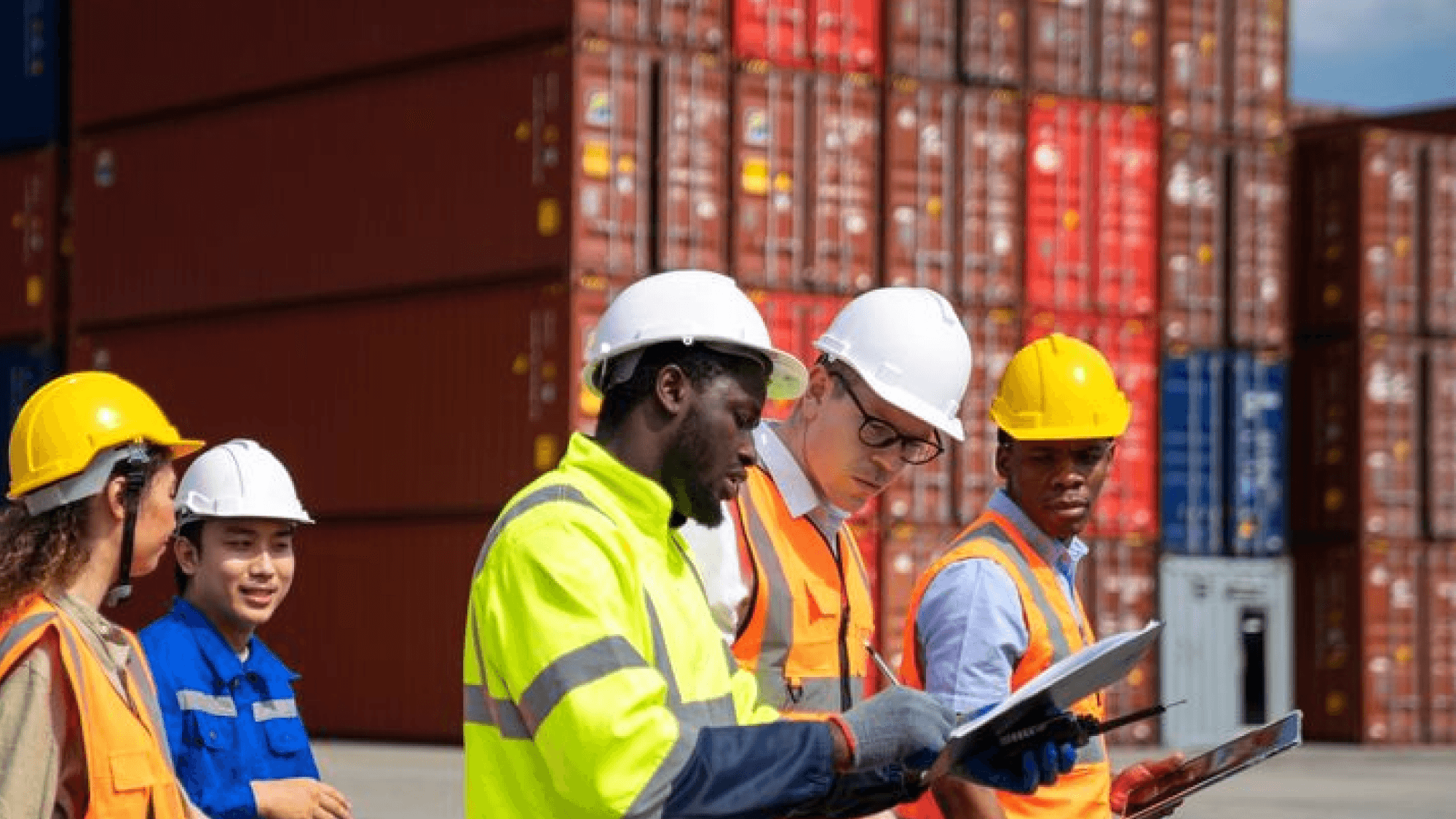 "Port logistics professionals using digital tablets to manage cargo operations and container handling at a busy shipping terminal with stacked freight containers."