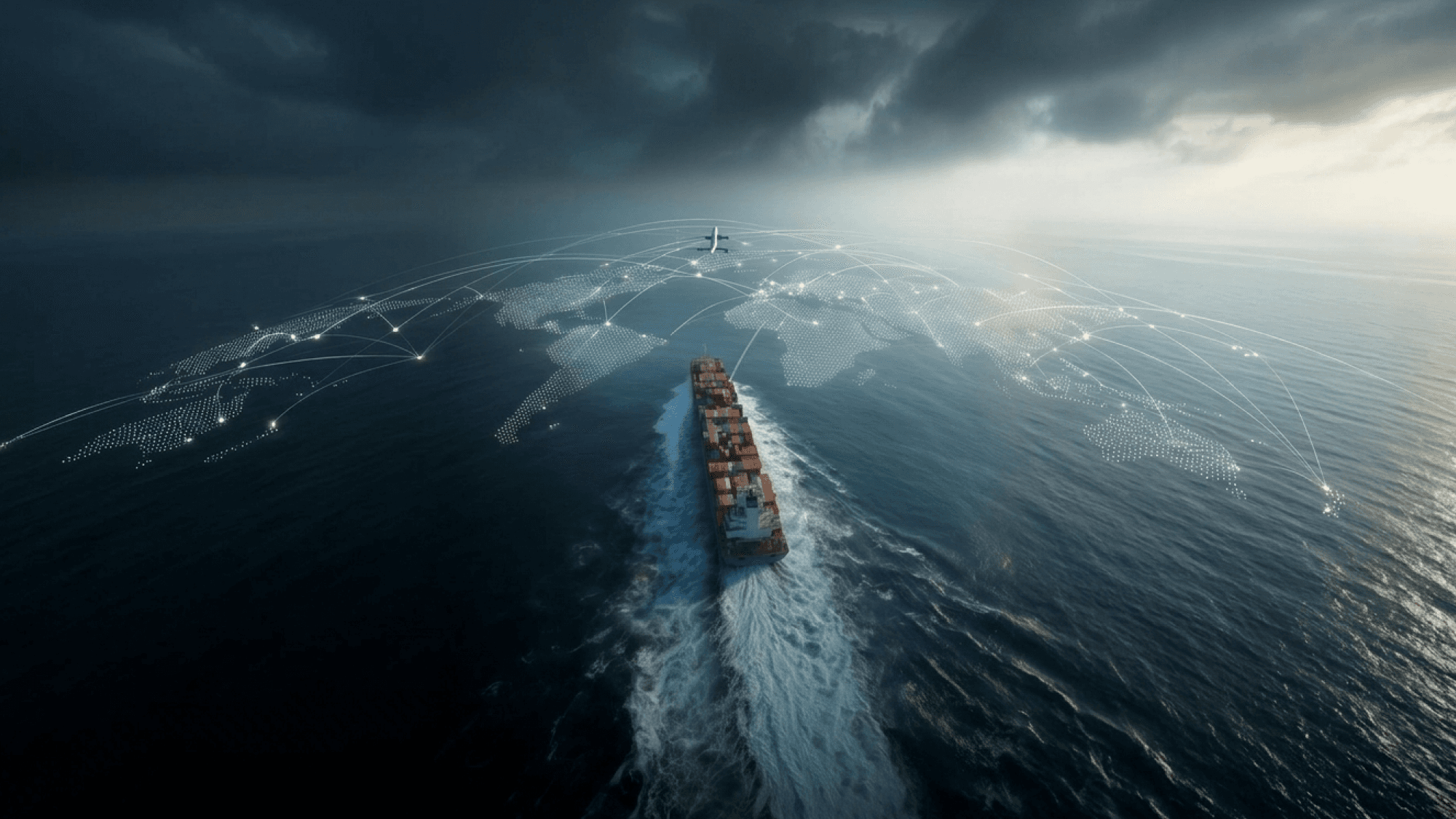 "Cargo ship sailing across ocean with global digital network overlay and airplane symbolizing connected maritime logistics and AI-driven supply chain"
