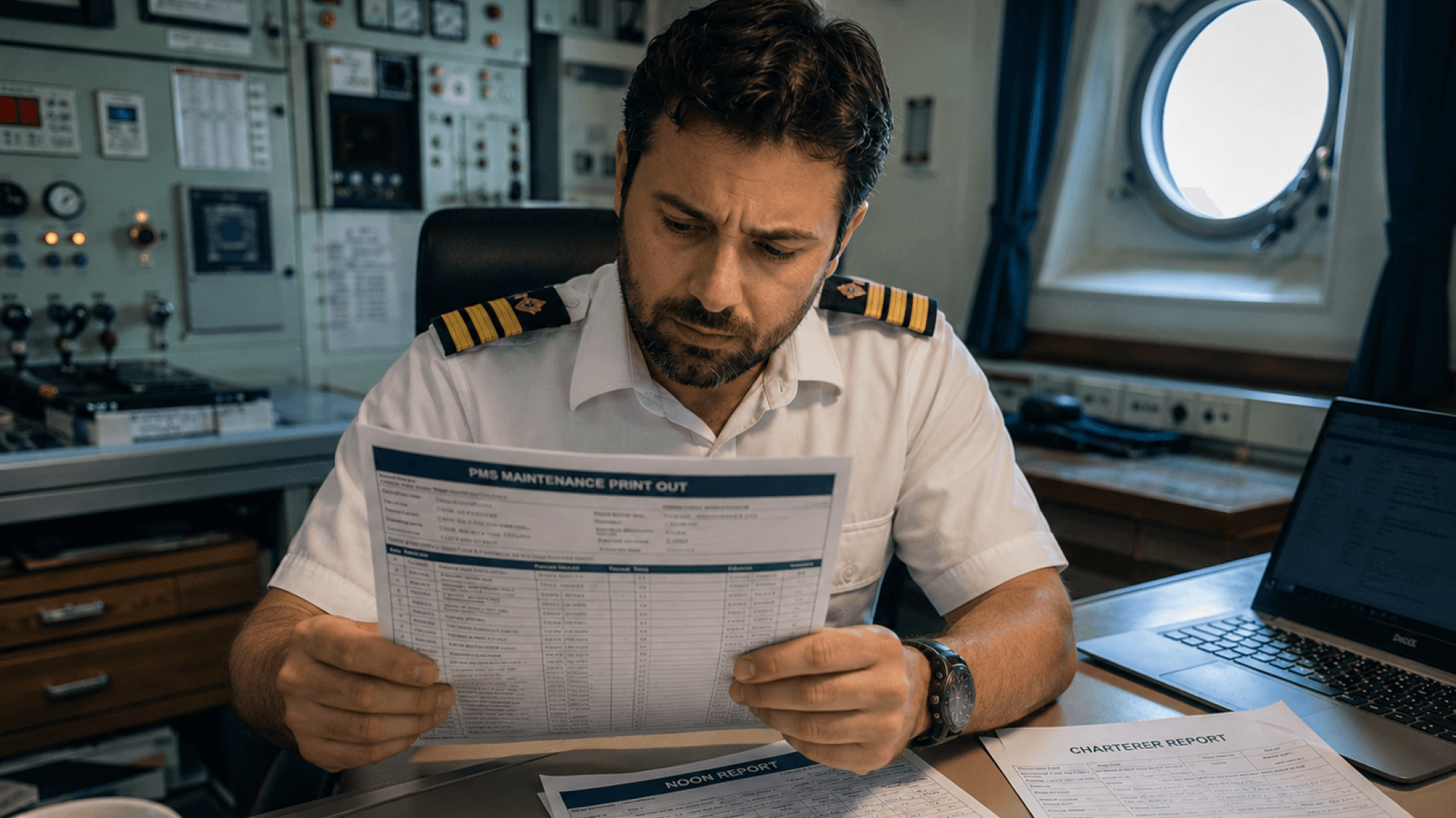 A ship captain in white uniform with gold shoulder insignia reviewing a detailed PMS maintenance printout document while sitting at a desk in a ship's bridge, with navigation equipment visible in the background.
