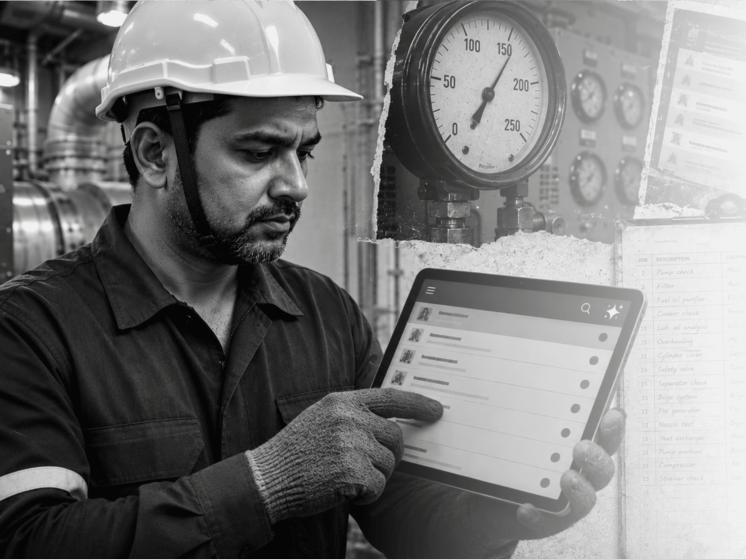 A black and white photograph of an industrial worker in a hard hat reviewing a digital maintenance checklist tablet in front of large industrial machinery with gauges and pressure instruments.