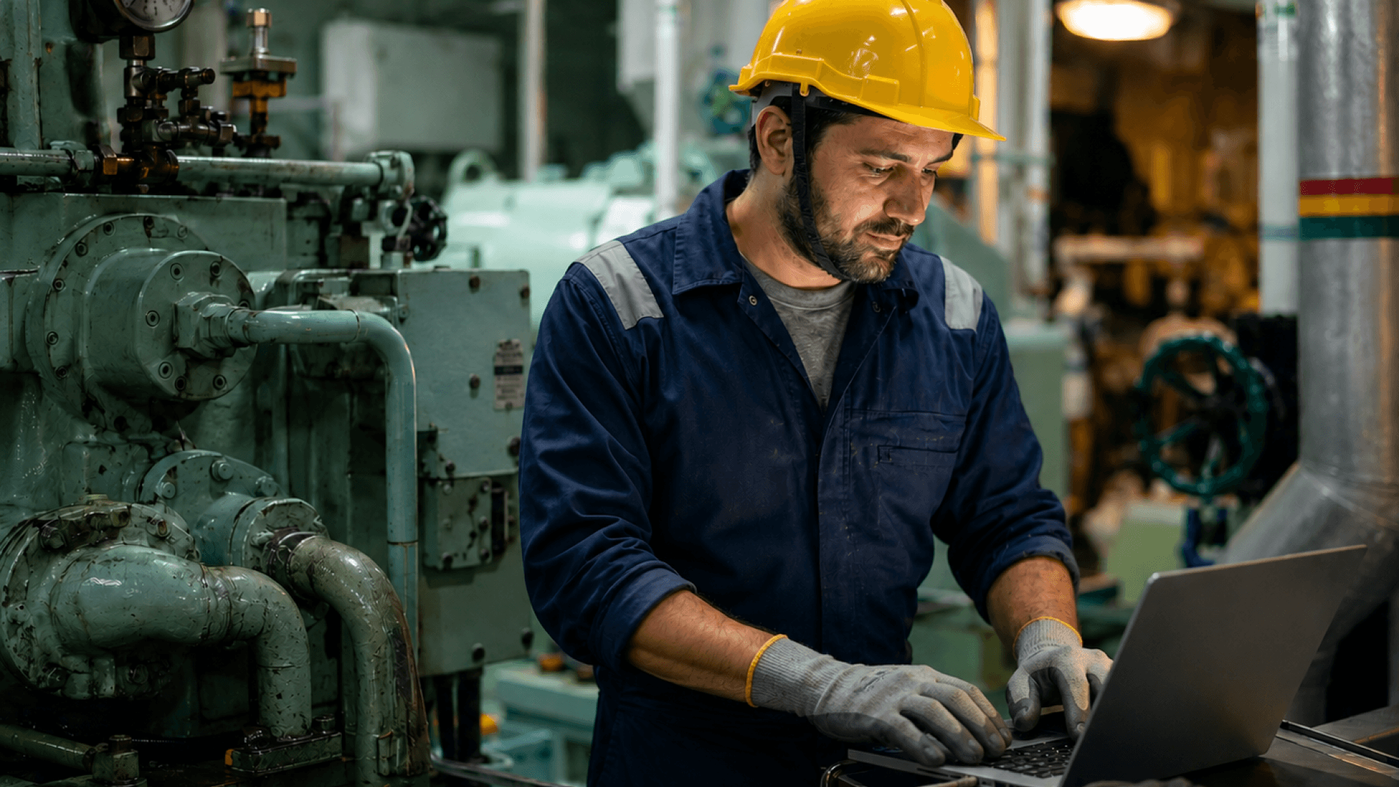 "An industrial maintenance technician in a yellow hard hat and blue work jacket using a laptop while standing next to large green industrial equipment and piping in a factory setting."