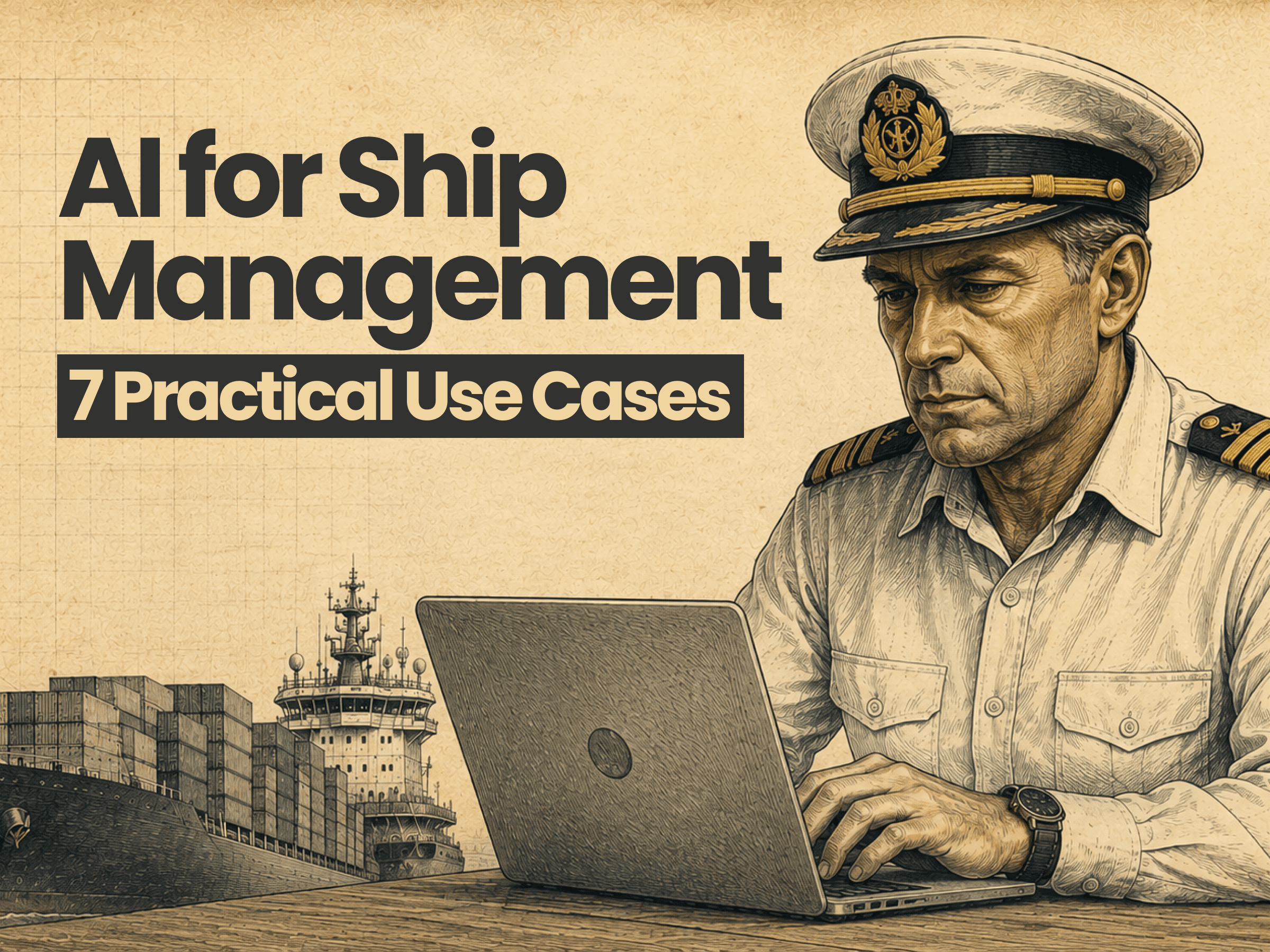 Illustration of a ship captain using a laptop on a cargo ship, with the text “AI for Ship Management” and “7 Practical Use Cases” prominently displayed.
