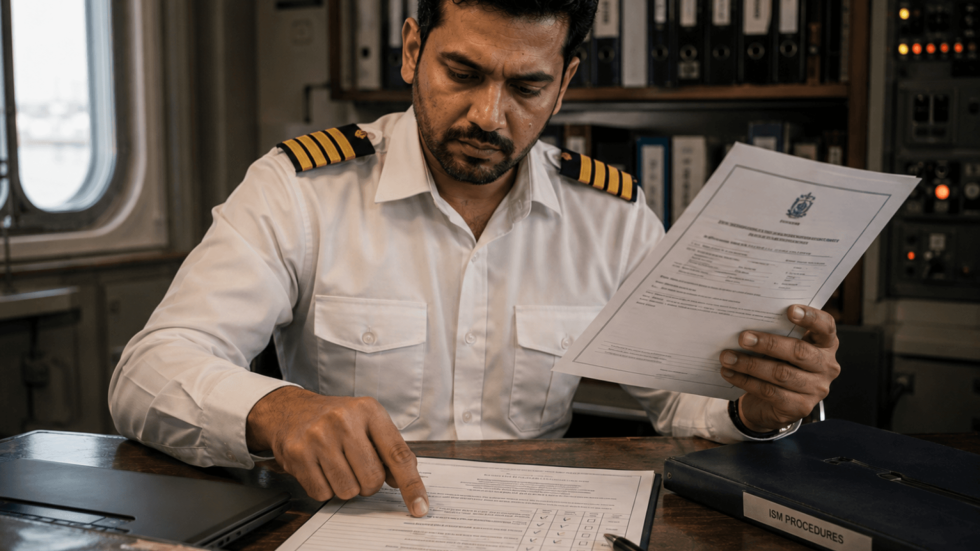 "Ship officer reviewing maritime compliance documents and ISM procedures at a desk aboard a vessel."