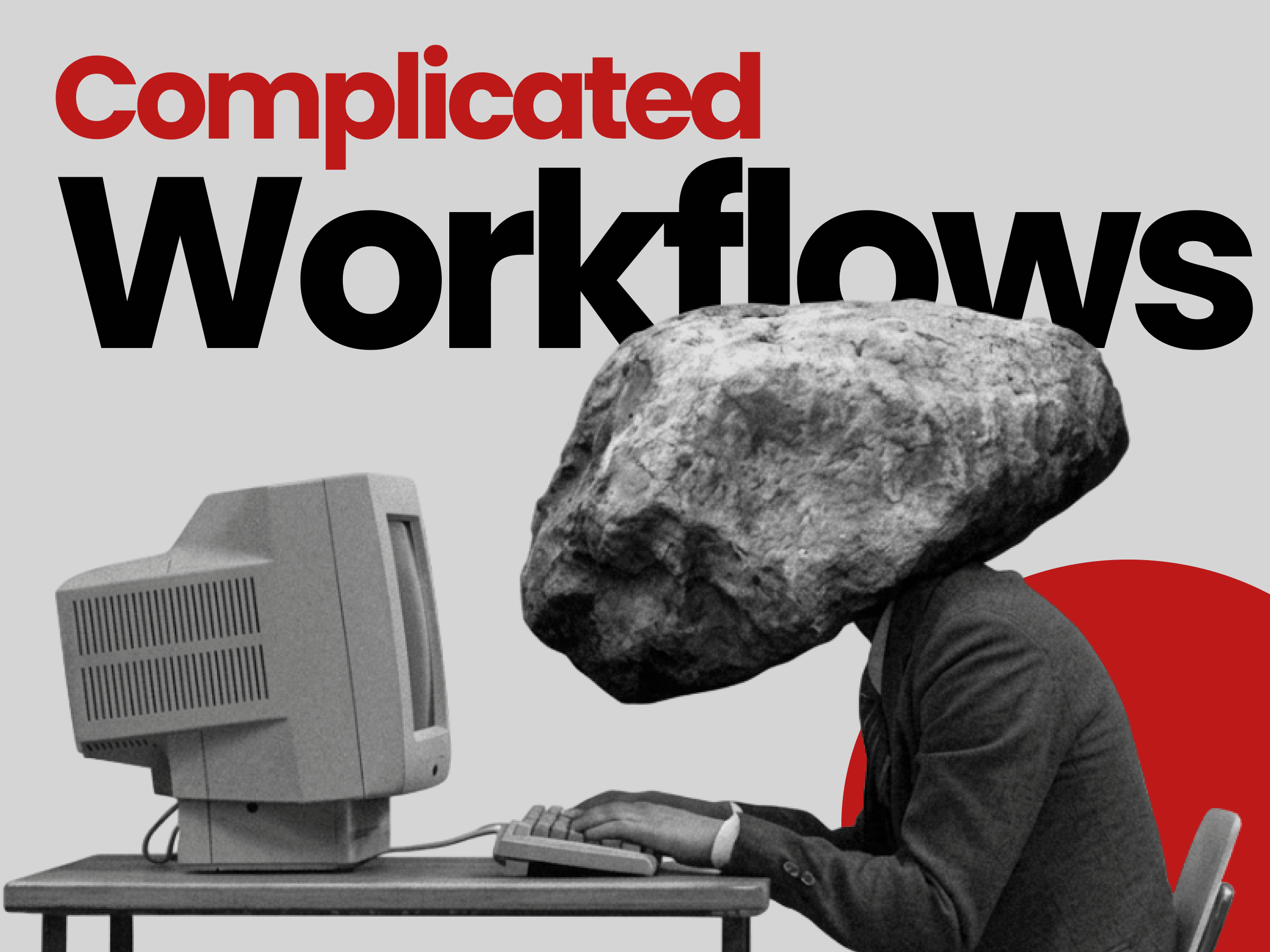 Complicated workflows concept showing person with rock head using computer symbolizing inefficiency and complex processes