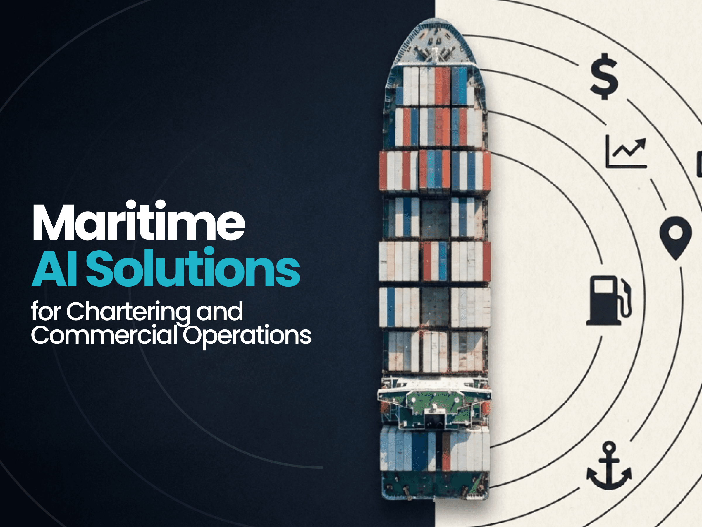 Illustration of maritime AI solutions for chartering and commercial operations, featuring a container ship with icons representing fuel optimization, analytics, vessel tracking, and operational intelligence.