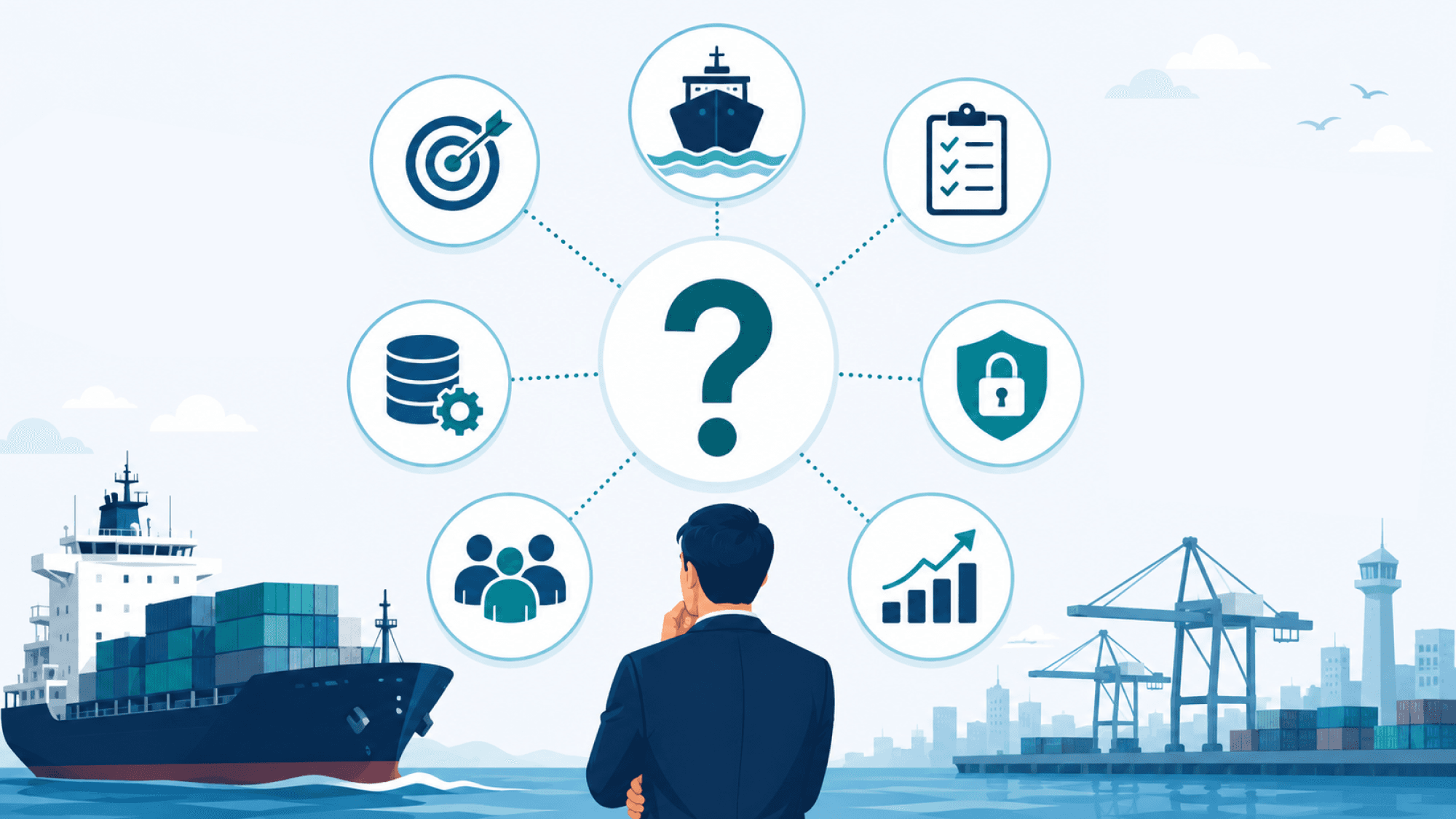 Maritime AI concept illustration showing a person analyzing interconnected maritime operations, including navigation, vessel management, documentation, security, team collaboration, and performance analytics.